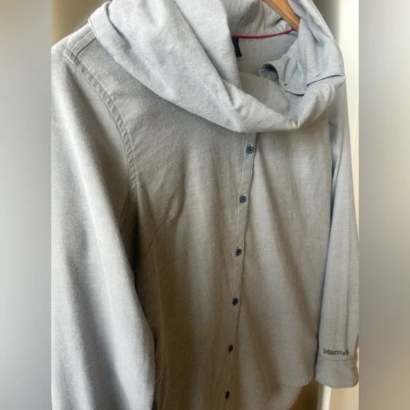 Marmot Gray Button Down Shirt Cowl Neck Stretch Cotton Blend Outdoor Casual - Picture 3 of 5